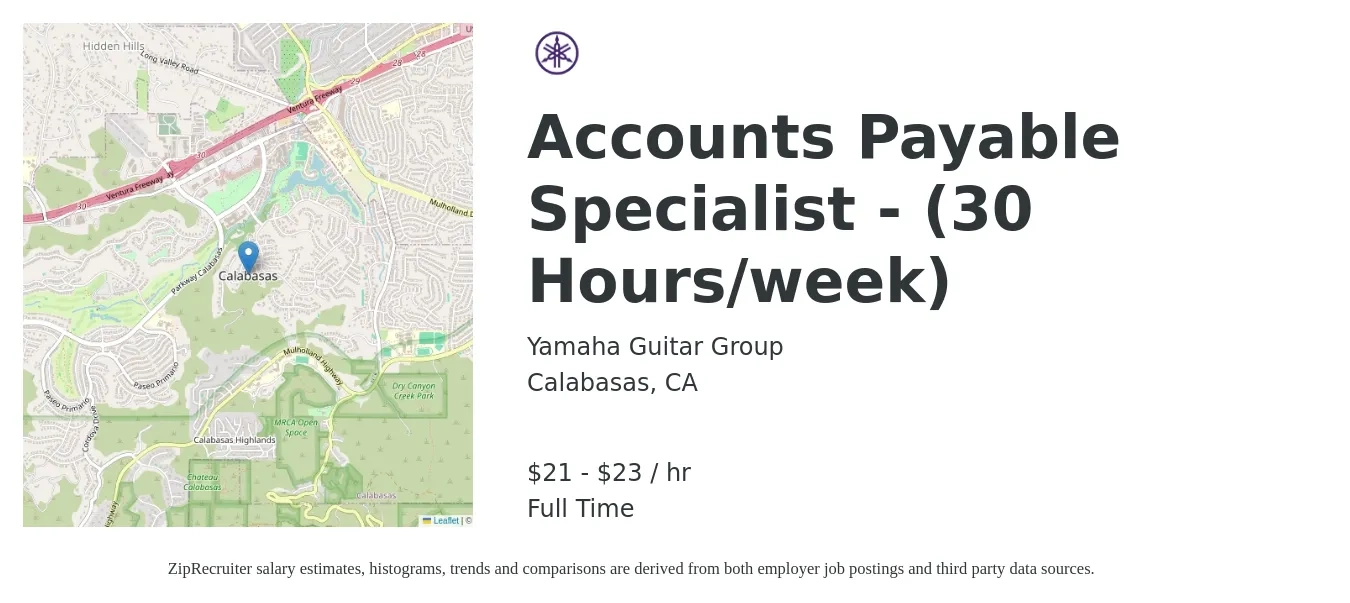 YAMAHA GUITAR GROUP job posting for a Accounts Payable Specialist - (30 Hours/week) in Calabasas, CA with a salary of $22 to $24 Hourly with a map of Calabasas location.
