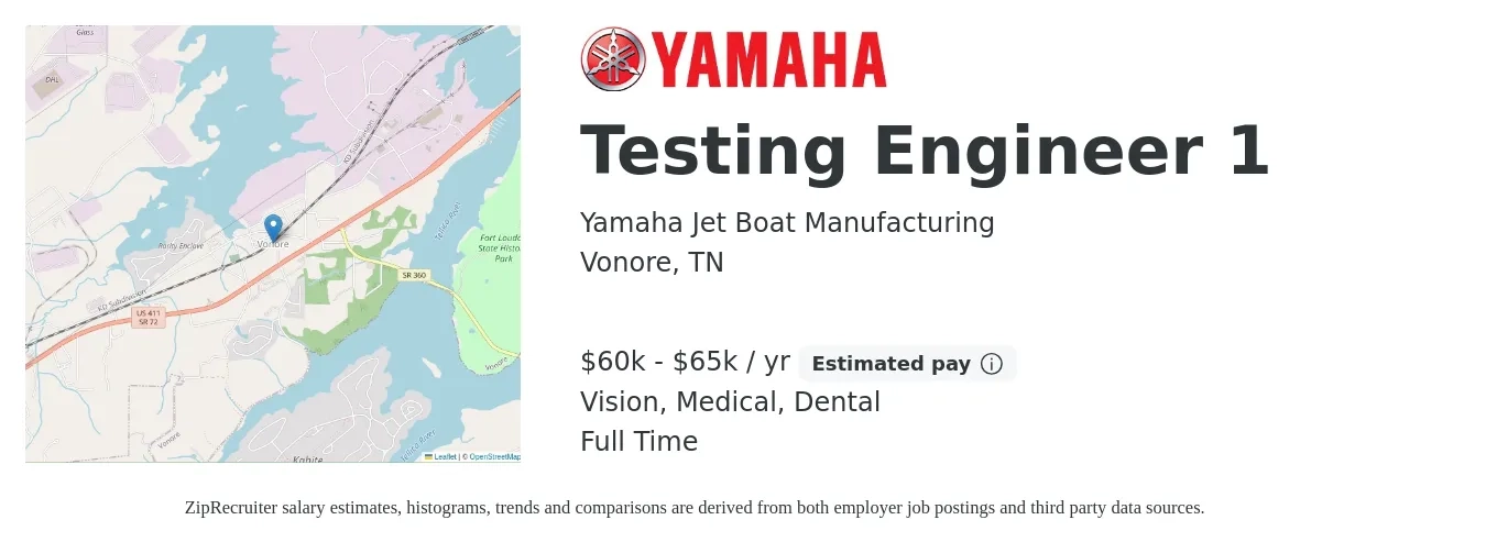 Yamaha Jet Boat Manufacturing job posting for a Testing Engineer 1 in Vonore, TN with a salary of $60,000 to $65,000 Yearly and benefits including retirement, vision, dental, life_insurance, and medical with a map of Vonore location.
