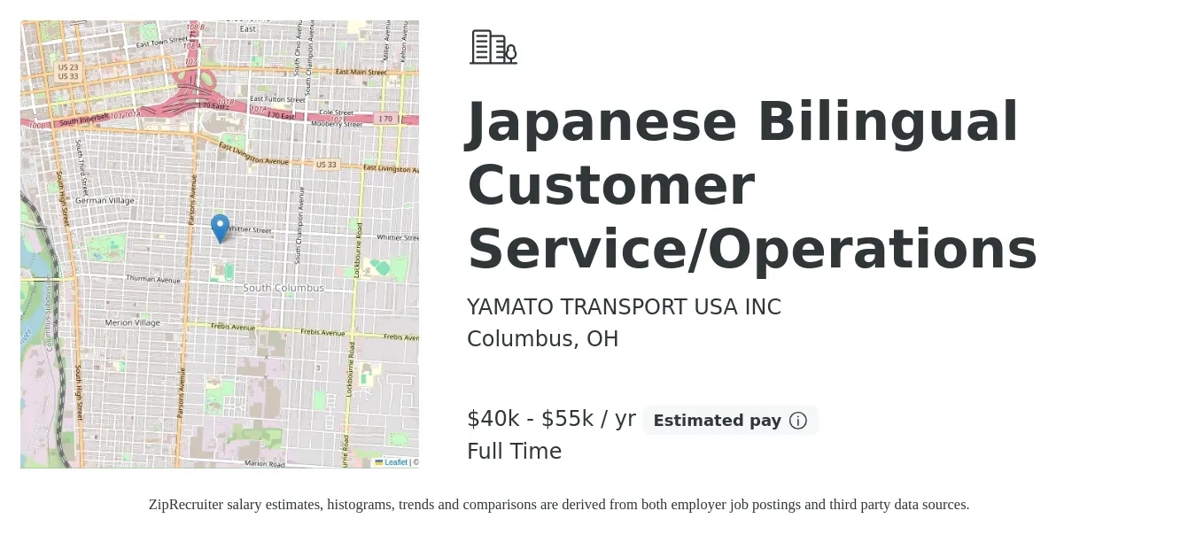 YAMATO TRANSPORT USA INC job posting for a Japanese Bilingual Customer Service/Operations in Columbus, OH with a salary of $40,000 to $55,000 Yearly with a map of Columbus location.