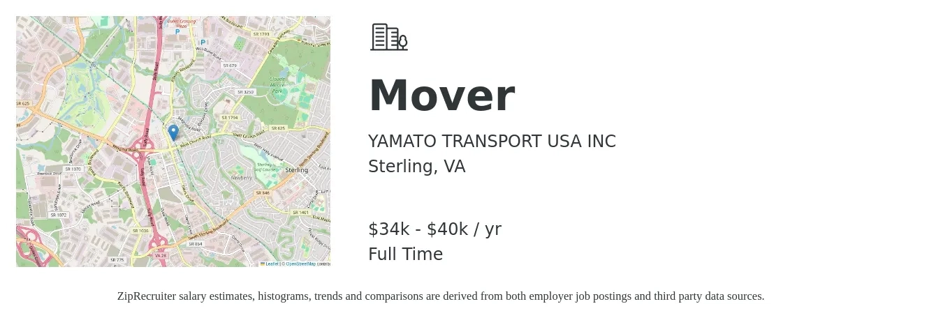 YAMATO TRANSPORT USA INC job posting for a Mover in Sterling, VA with a salary of $34,000 to $40,000 Yearly with a map of Sterling location.