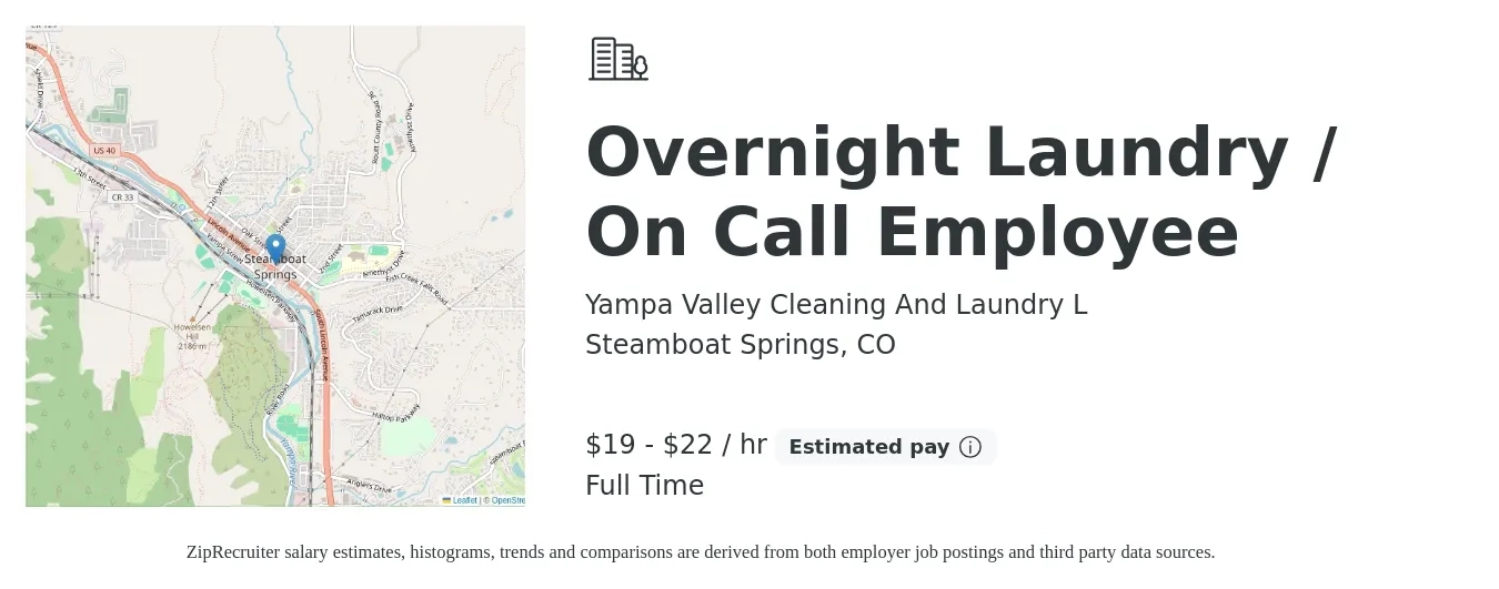 Yampa Valley Cleaning And Laundry L job posting for a Overnight Laundry / On Call Employee in Steamboat Springs, CO with a salary of $20 to $23 Hourly with a map of Steamboat Springs location.