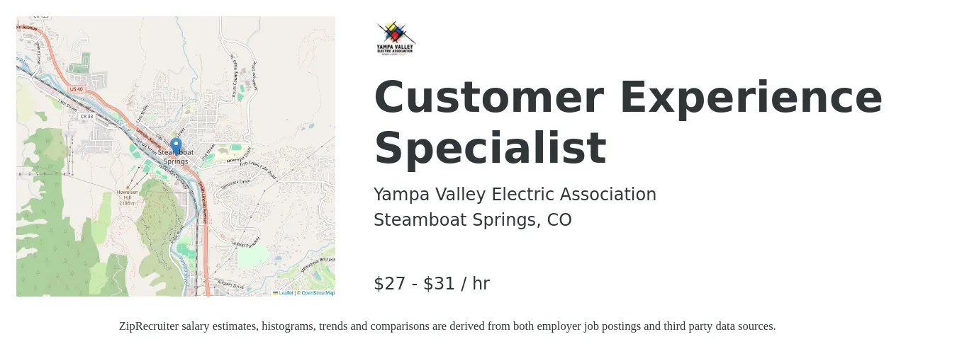 Yampa Valley Electric Association job posting for a Customer Experience Specialist in Steamboat Springs, CO with a salary of $29 to $33 Hourly with a map of Steamboat Springs location.