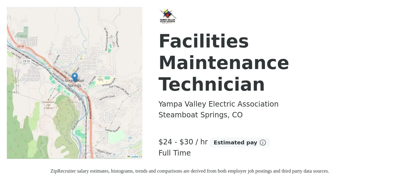 Yampa Valley Electric Association job posting for a Facilities Maintenance Technician in Steamboat Springs, CO with a salary of $25 to $32 Hourly with a map of Steamboat Springs location.