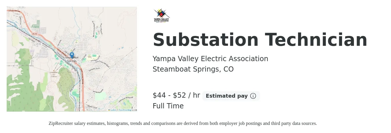 Yampa Valley Electric Association job posting for a Substation Technician in Steamboat Springs, CO with a salary of $46 to $55 Hourly with a map of Steamboat Springs location.