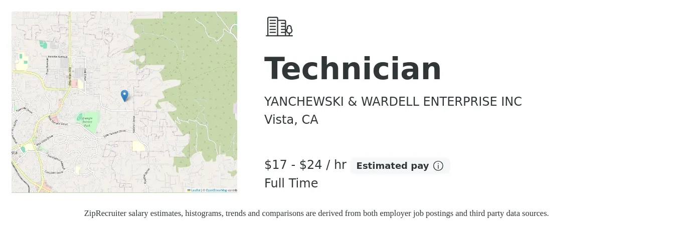 YANCHEWSKI & WARDELL ENTERPRISE INC job posting for a Technician in Vista, CA with a salary of $18 to $25 Hourly with a map of Vista location.