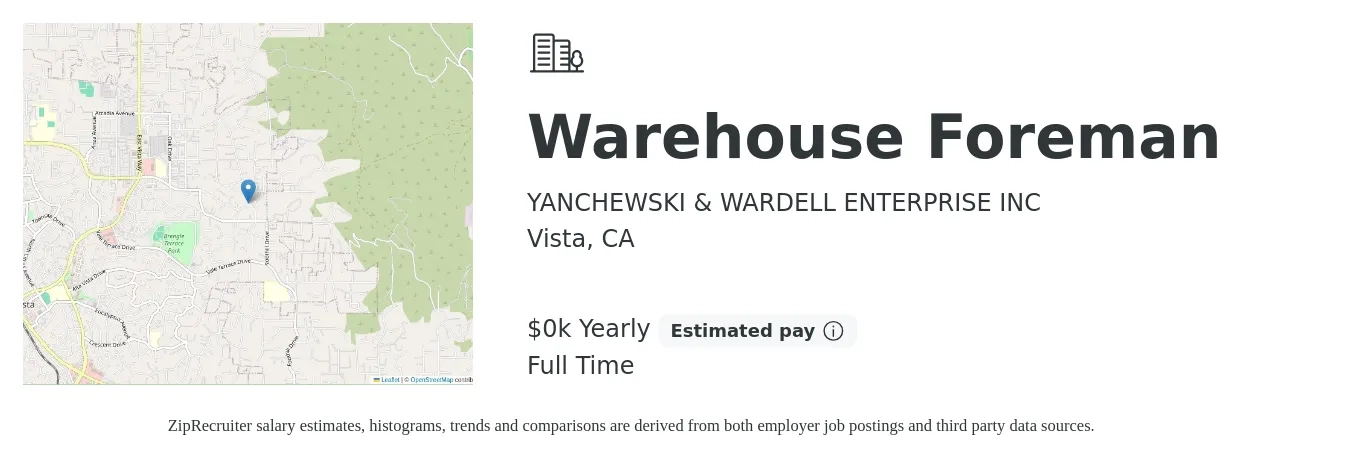YANCHEWSKI & WARDELL ENTERPRISE INC job posting for a Warehouse Foreman in Vista, CA with a salary of $18 to $25 Yearly with a map of Vista location.