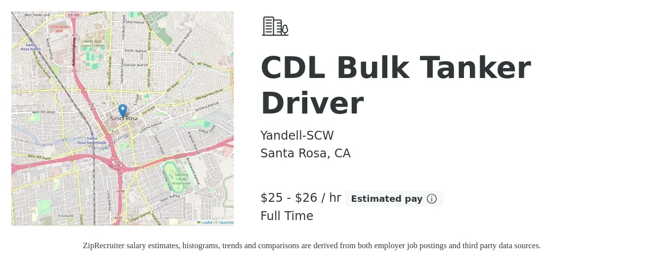 Yandell-SCW job posting for a CDL Bulk Tanker Driver in Santa Rosa, CA with a salary of $27 to $28 Hourly with a map of Santa Rosa location.