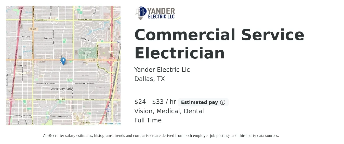 Yander Electric Llc job posting for a Commercial Service Electrician in Dallas, TX with a salary of $25 to $35 Hourly and benefits including dental, medical, pto, and vision with a map of Dallas location.