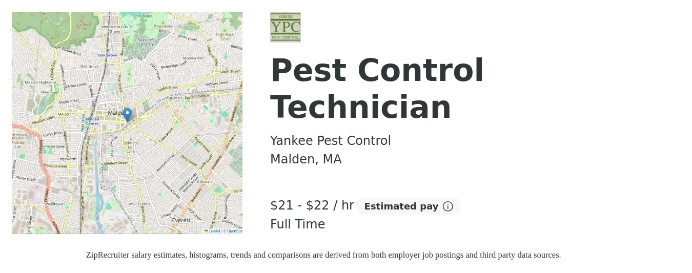 Yankee Pest Control job posting for a Pest Control Technician in Malden, MA with a salary of $22 to $23 Hourly with a map of Malden location.