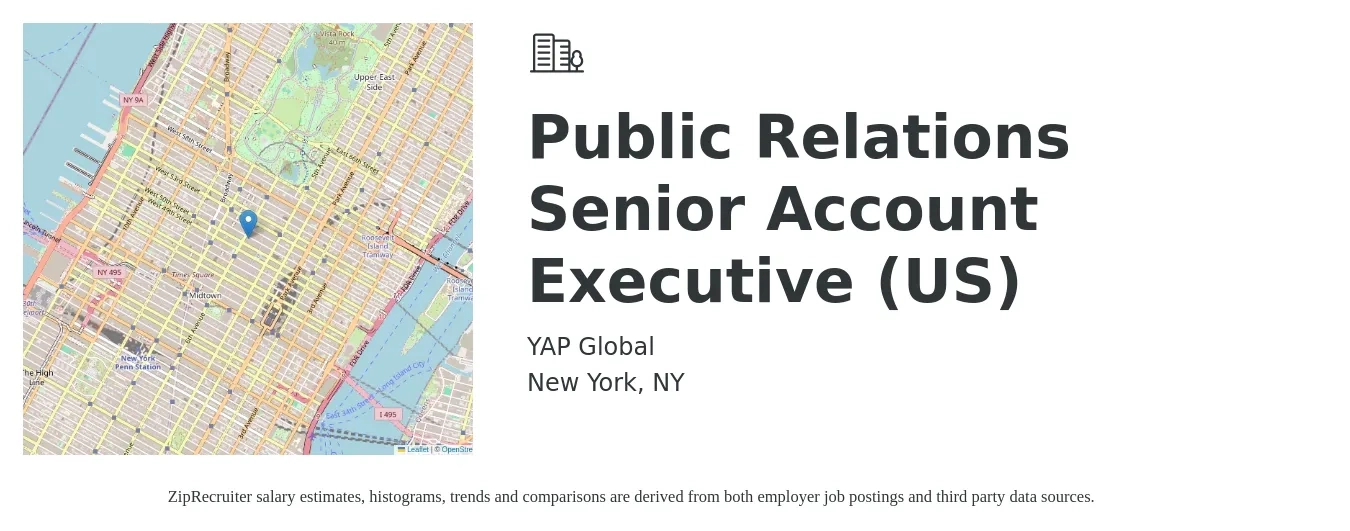 YAP Global job posting for a Public Relations Senior Account Executive (US) in New York, NY with a salary of $64,400 to $90,200 Yearly with a map of New York location.