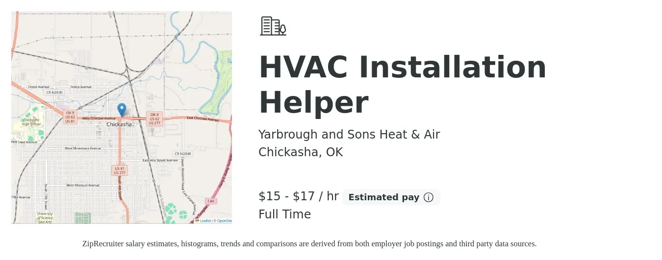 Yarbrough and Sons Heat & Air job posting for a HVAC Installation Helper in Chickasha, OK with a salary of $16 to $18 Hourly with a map of Chickasha location.