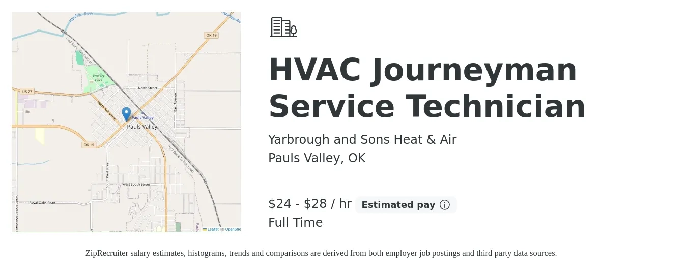 Yarbrough and Sons Heat & Air job posting for a HVAC Journeyman Service Technician in Pauls Valley, OK with a salary of $25 to $30 Hourly with a map of Pauls Valley location.