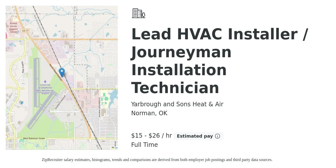 Yarbrough and Sons Heat & Air job posting for a Lead HVAC Installer / Journeyman Installation Technician in Norman, OK with a salary of $16 to $28 Hourly with a map of Norman location.
