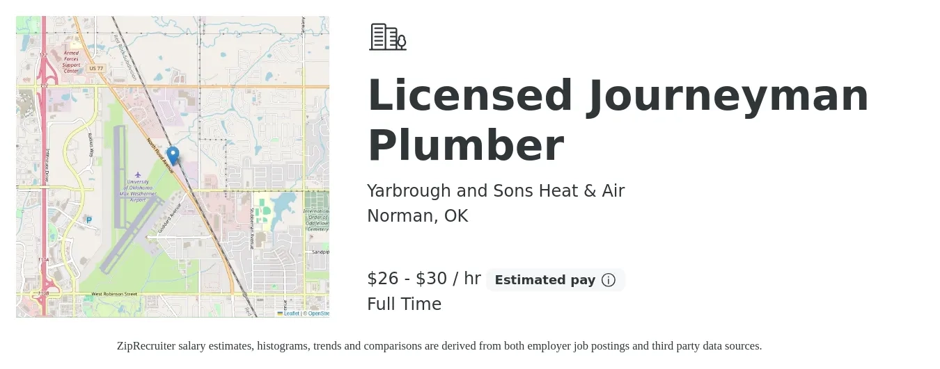 Yarbrough and Sons Heat & Air job posting for a Licensed Journeyman Plumber in Norman, OK with a salary of $28 to $32 Hourly with a map of Norman location.