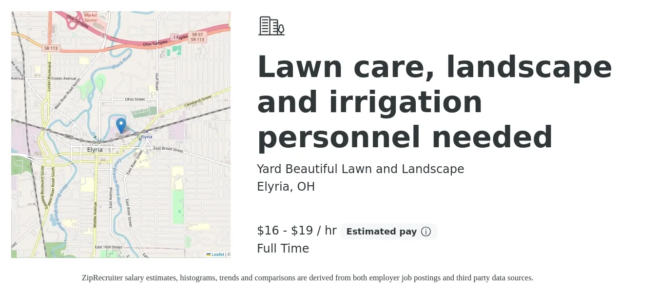 Yard Beautiful Lawn and Landscape job posting for a Lawn care, landscape and irrigation personnel needed in Elyria, OH with a salary of $17 to $20 Hourly with a map of Elyria location.