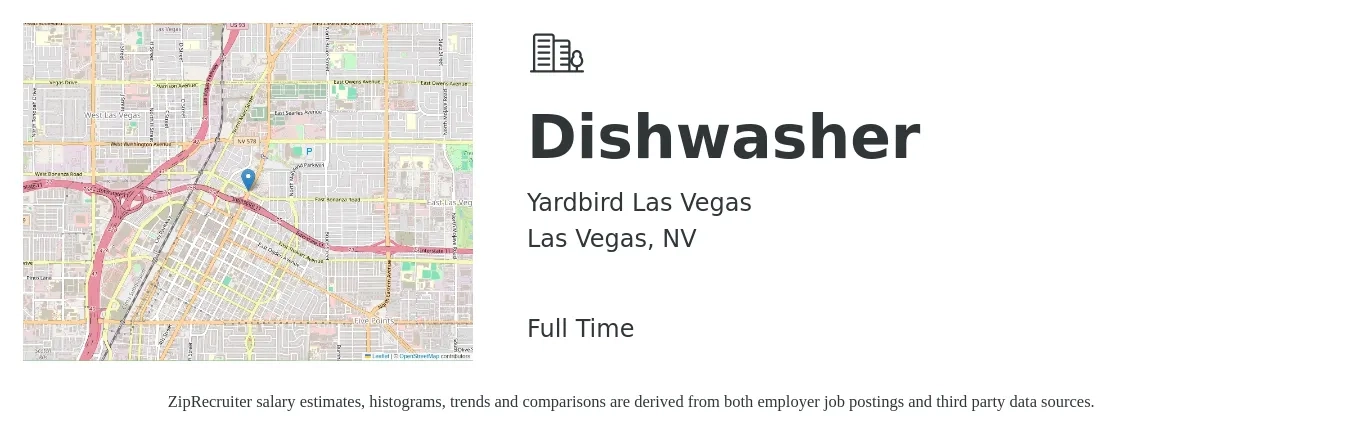 Yardbird Las Vegas job posting for a Dishwasher in Las Vegas, NV with a salary of $12 to $16 Hourly with a map of Las Vegas location.