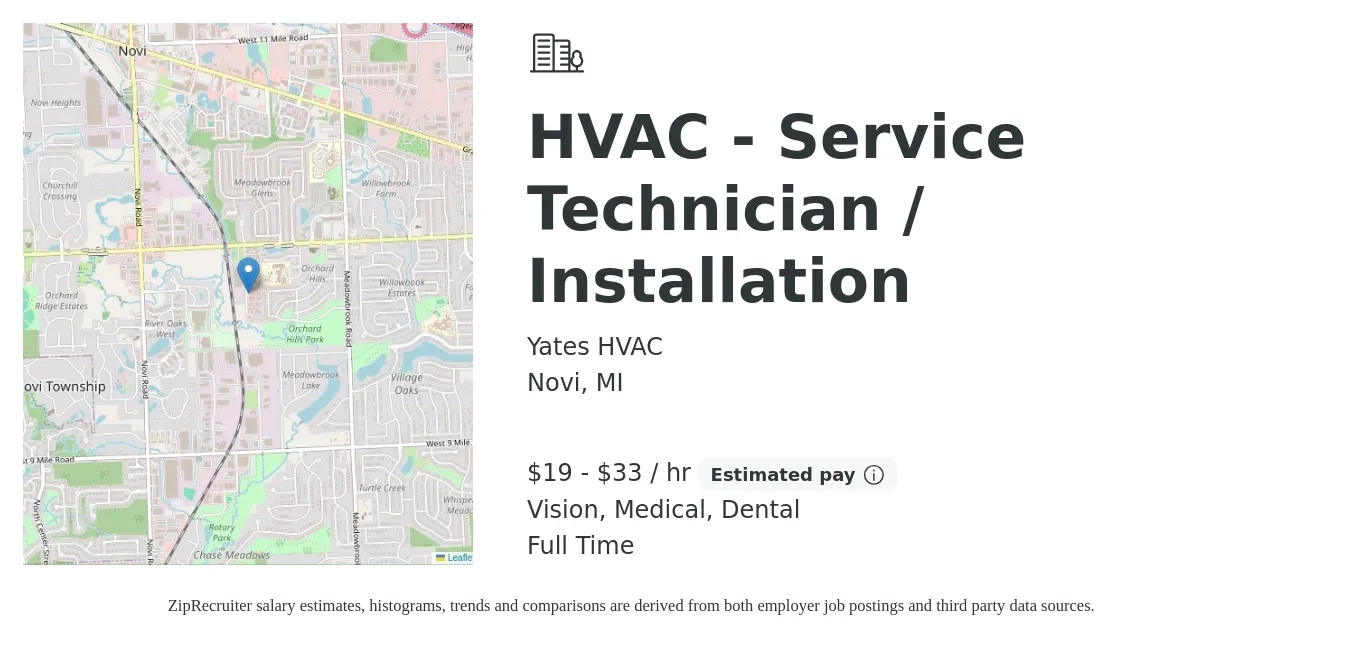 Yates HVAC job posting for a HVAC - Service Technician / Installation in Novi, MI with a salary of $20 to $35 Hourly and benefits including dental, life_insurance, medical, pto, and vision with a map of Novi location.