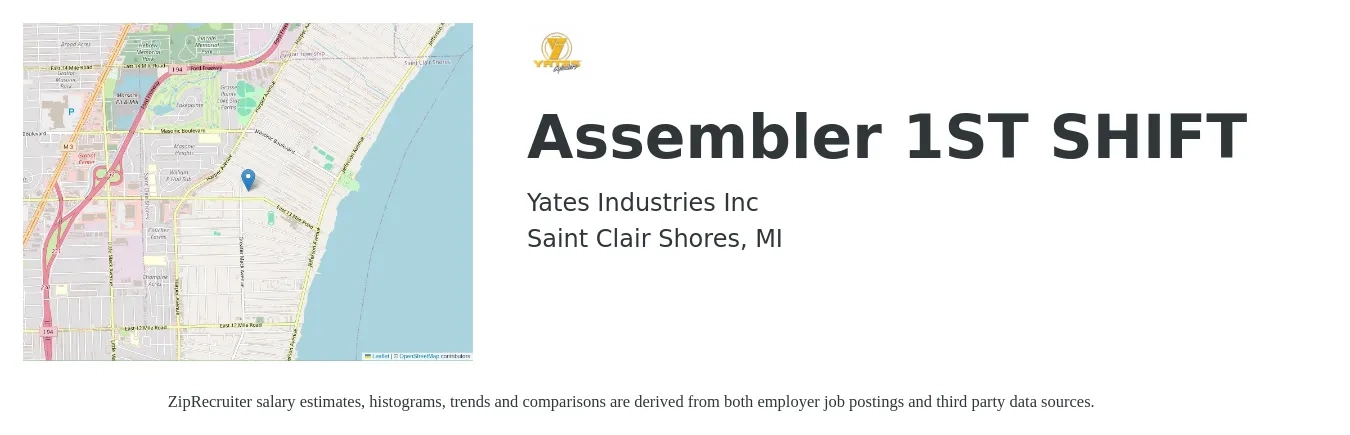 Yates Industries Inc., job posting for a Assembler 1ST SHIFT in Saint Clair Shores, MI with a salary of $14 to $18 Hourly with a map of Saint Clair Shores location.