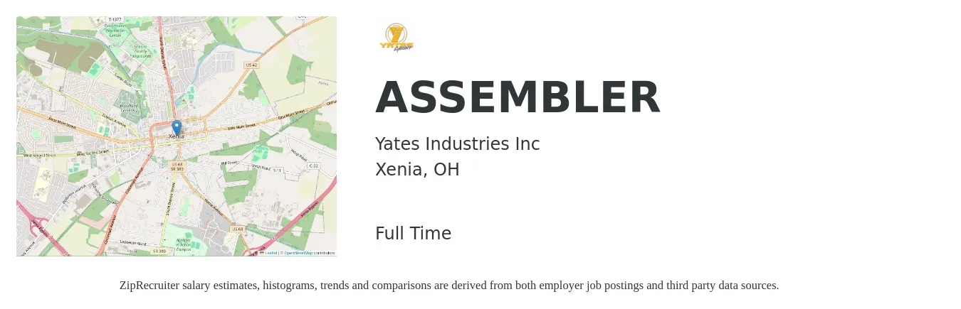 Yates Industries Inc job posting for a ASSEMBLER in Xenia, OH with a salary of $14 to $17 Hourly with a map of Xenia location.