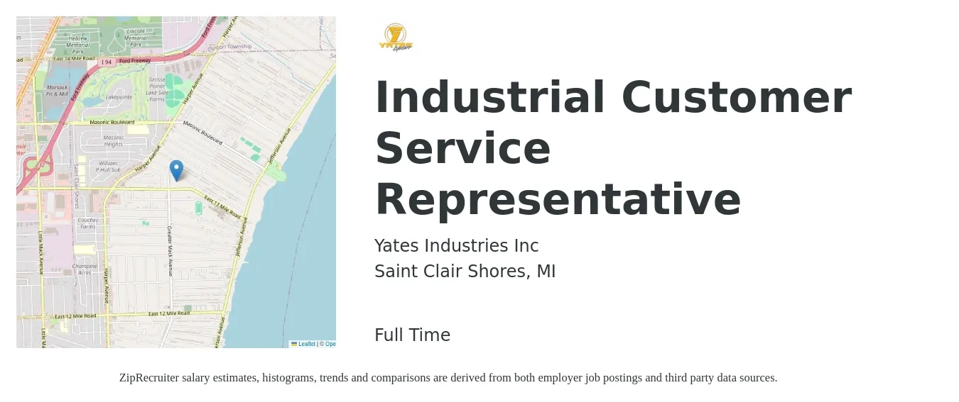 Yates Industries Inc job posting for a Industrial Customer Service Representative in Saint Clair Shores, MI with a salary of $14 to $20 Hourly with a map of Saint Clair Shores location.