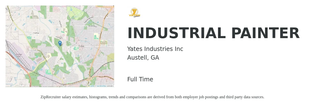 Yates Industries Inc job posting for a INDUSTRIAL PAINTER in Austell, GA with a salary of $16 to $22 Hourly with a map of Austell location.