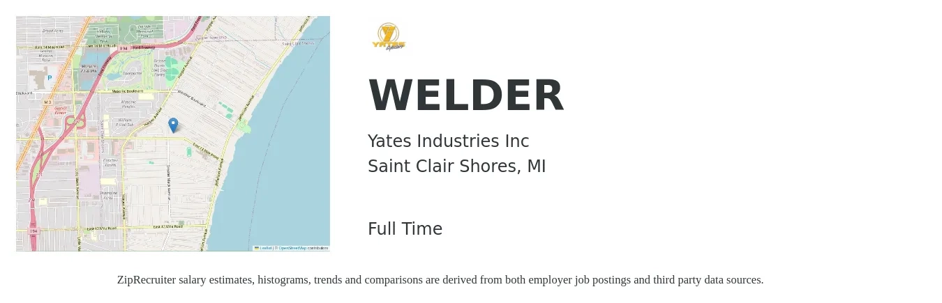 Yates Industries Inc job posting for a WELDER in Saint Clair Shores, MI with a salary of $18 to $24 Hourly with a map of Saint Clair Shores location.