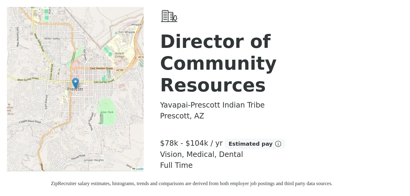 Yavapai-Prescott Indian Tribe job posting for a Director of Community Resources in Prescott, AZ with a salary of $78,436 to $104,319 Yearly and benefits including pto, vision, dental, life_insurance, and medical with a map of Prescott location.
