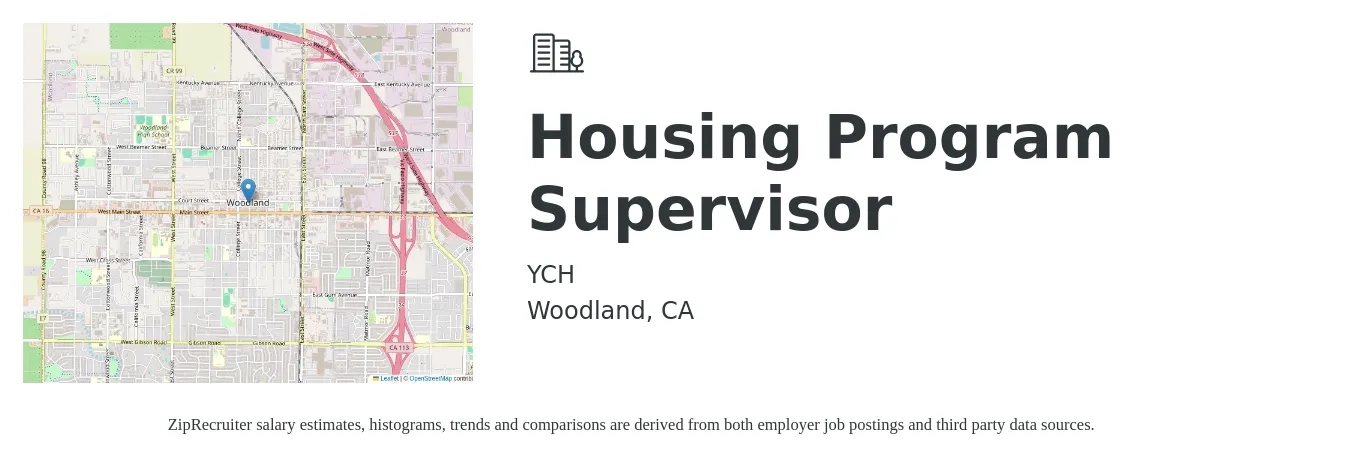 YCH job posting for a Housing Program Supervisor in Woodland, CA with a salary of $32 to $39 Hourly with a map of Woodland location.
