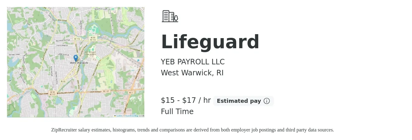 YEB PAYROLL LLC job posting for a Lifeguard in West Warwick, RI with a salary of $16 to $18 Hourly with a map of West Warwick location.