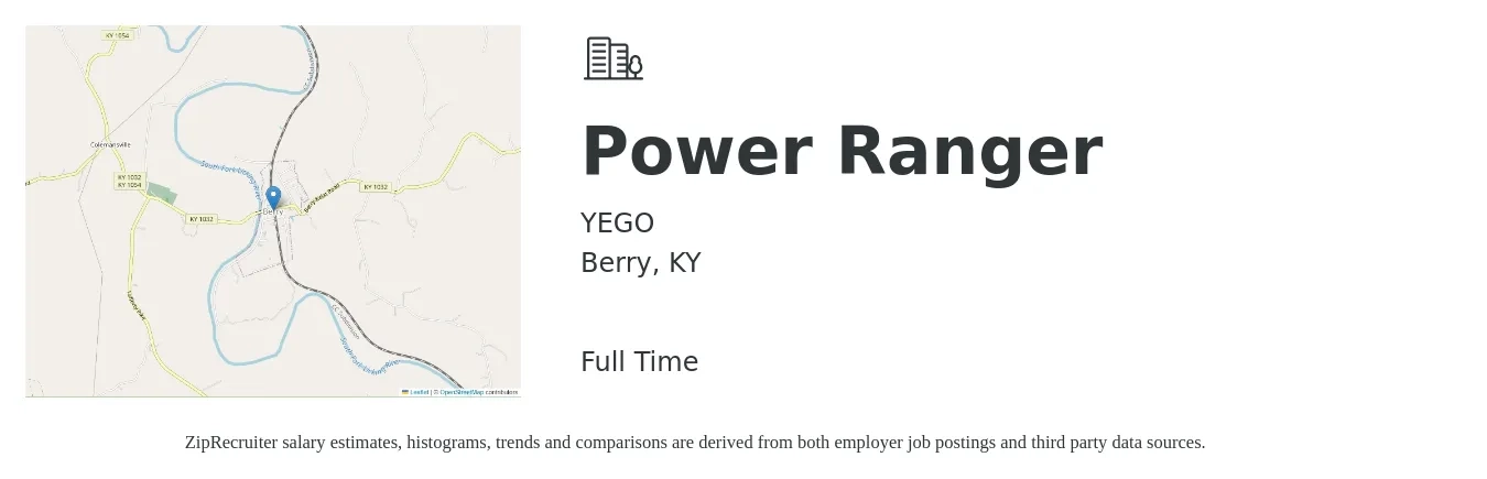 YEGO job posting for a Power Ranger in Berry, KY with a salary of $18 to $28 Hourly with a map of Berry location.
