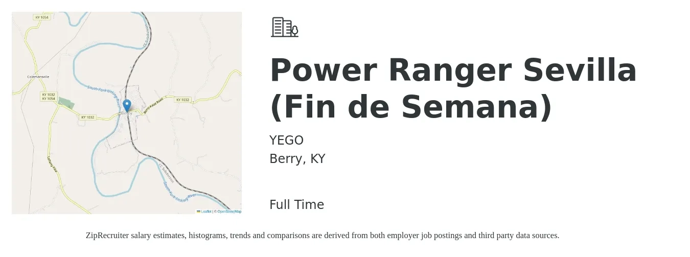 YEGO job posting for a Power Ranger Sevilla (Fin de Semana) in Berry, KY with a salary of $17 to $21 Hourly with a map of Berry location.