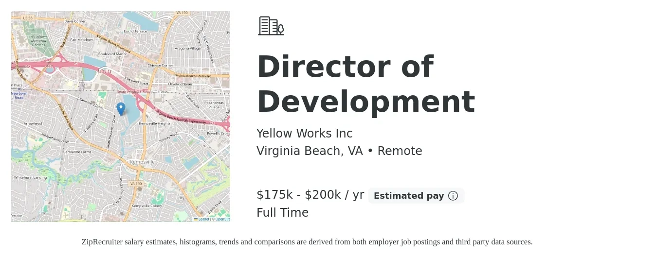 Yellow Works Inc job posting for a Director of Development in Virginia Beach, VA with a salary of $175,000 to $200,000 Yearly with a map of Virginia Beach location.