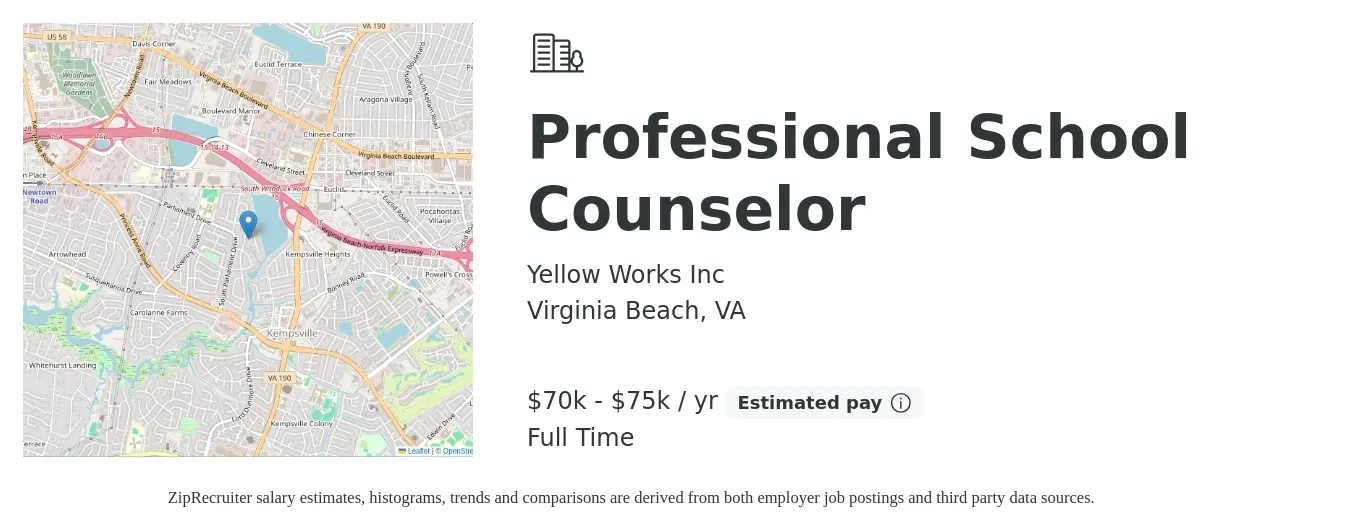 Yellow Works Inc job posting for a Professional School Counselor in Virginia Beach, VA with a salary of $70,000 to $75,000 Yearly with a map of Virginia Beach location.