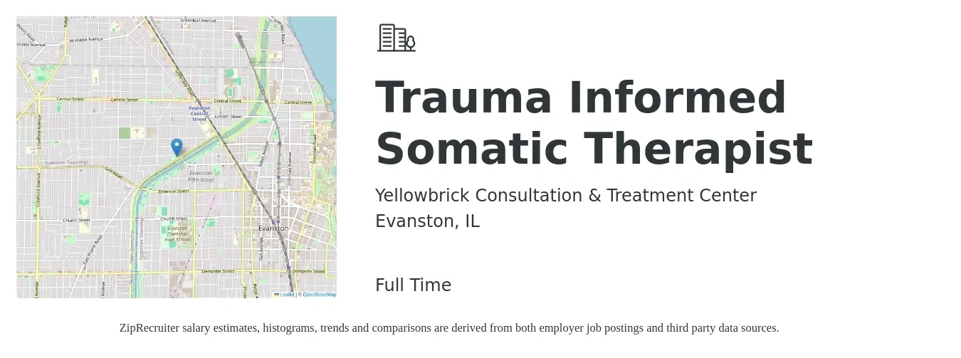Yellowbrick Consultation & Treatment Center job posting for a Trauma Informed Somatic Therapist in Evanston, IL with a salary of $52,000 to $72,200 Yearly with a map of Evanston location.