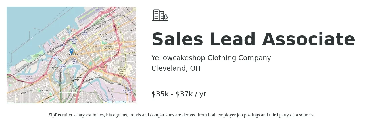 Yellowcakeshop Clothing Company job posting for a Sales Lead Associate in Cleveland, OH with a salary of $35,000 to $37,000 Yearly with a map of Cleveland location.