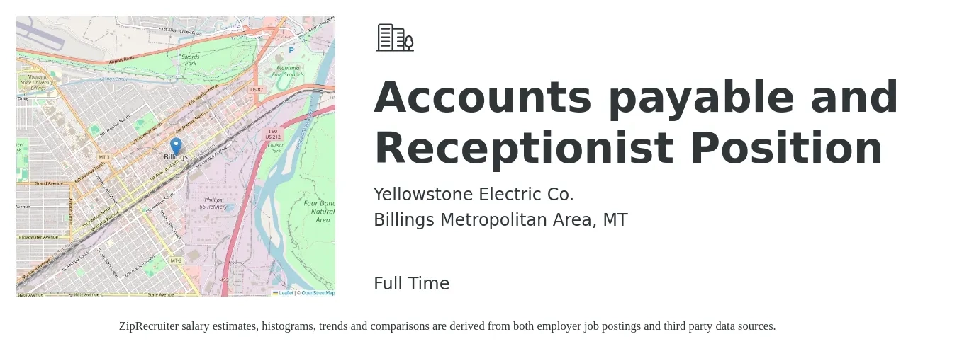 Yellowstone Electric Co. job posting for a Accounts payable and Receptionist Position in Billings Metropolitan Area, MT with a salary of $16 to $20 Hourly with a map of Billings Metropolitan Area location.