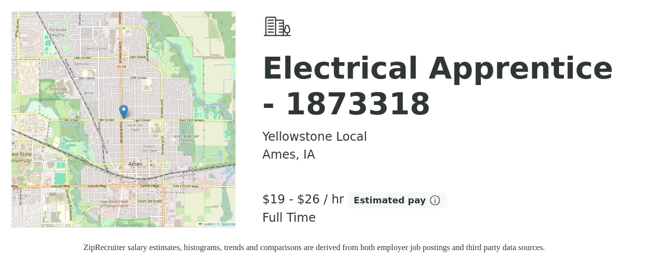 Yellowstone Local job posting for a Electrical Apprentice - 1873318 in Ames, IA with a salary of $20 to $28 Hourly with a map of Ames location.