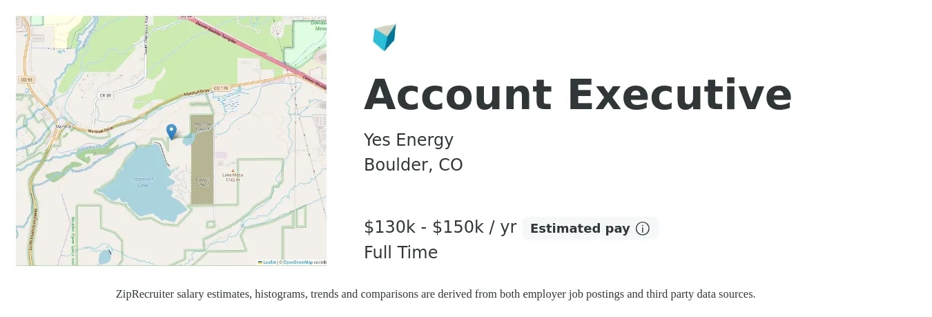 Yes Energy job posting for a Account Executive in Boulder, CO with a salary of $130,000 to $150,000 Yearly with a map of Boulder location.