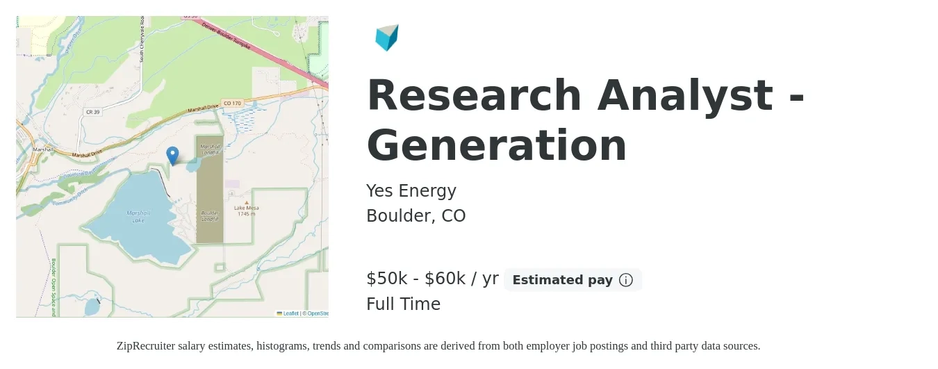 Yes Energy job posting for a Research Analyst - Generation in Boulder, CO with a salary of $50,000 to $60,000 Yearly with a map of Boulder location.