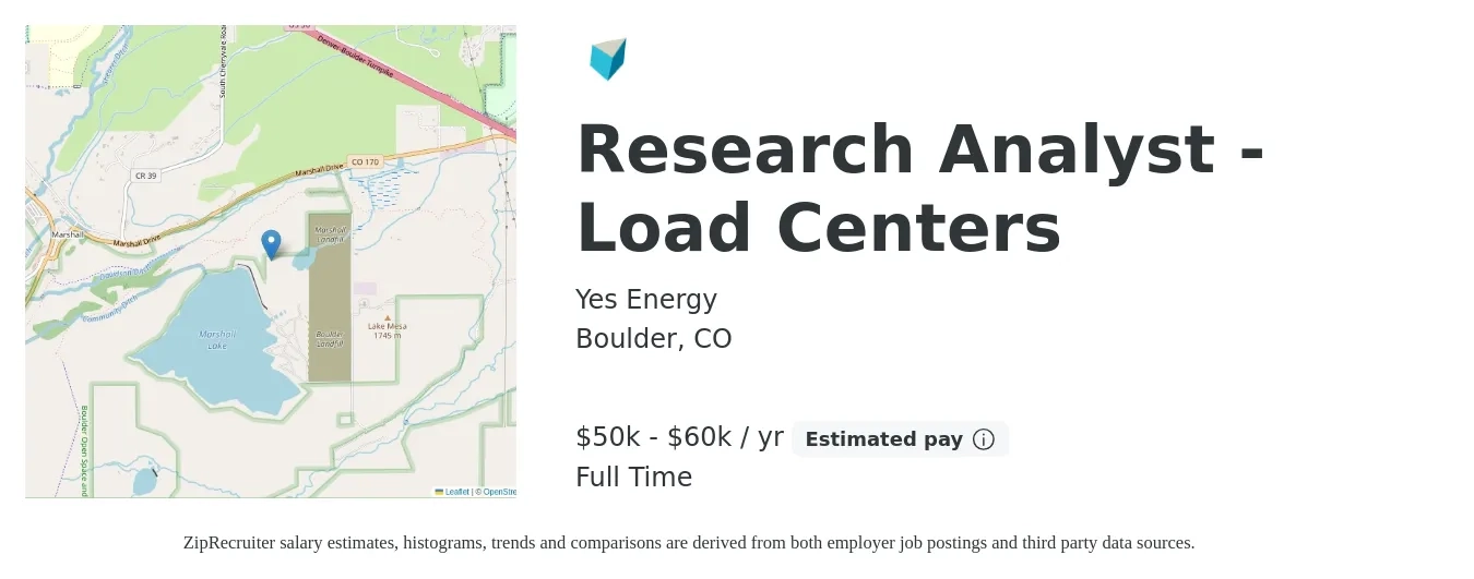 Yes Energy job posting for a Research Analyst - Load Centers in Boulder, CO with a salary of $50,000 to $60,000 Yearly with a map of Boulder location.