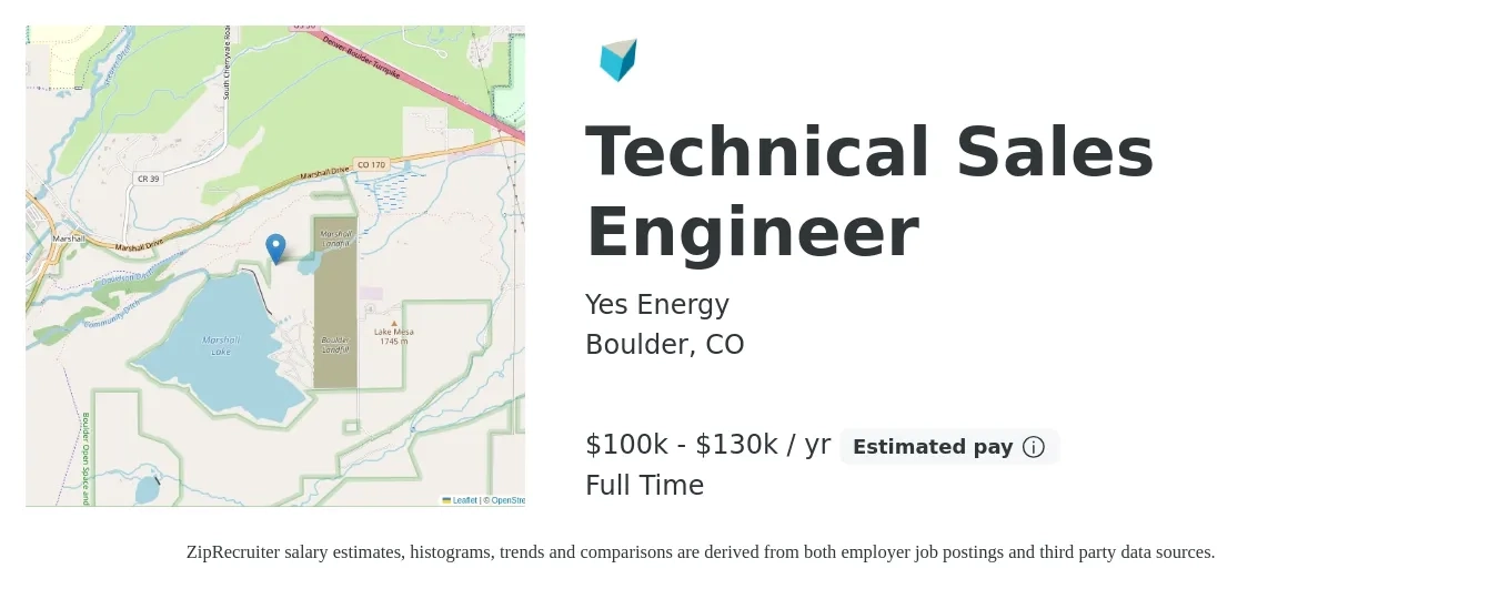 Yes Energy job posting for a Technical Sales Engineer in Boulder, CO with a salary of $100,000 to $130,000 Yearly with a map of Boulder location.