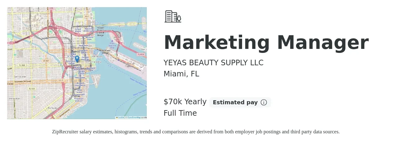 YEYAS BEAUTY SUPPLY LLC job posting for a Marketing Manager in Miami, FL with a salary of $70,000 Yearly with a map of Miami location.