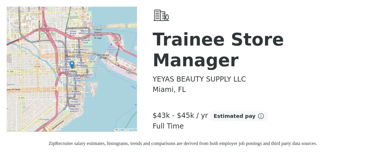 YEYAS BEAUTY SUPPLY LLC job posting for a Trainee Store Manager in Miami, FL with a salary of $43,500 to $45,000 Yearly with a map of Miami location.