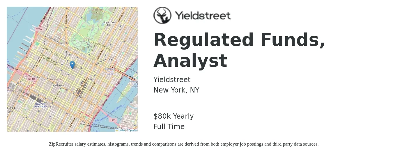 Yieldstreet job posting for a Regulated Funds, Analyst in New York, NY with a salary of $80,000 Yearly with a map of New York location.