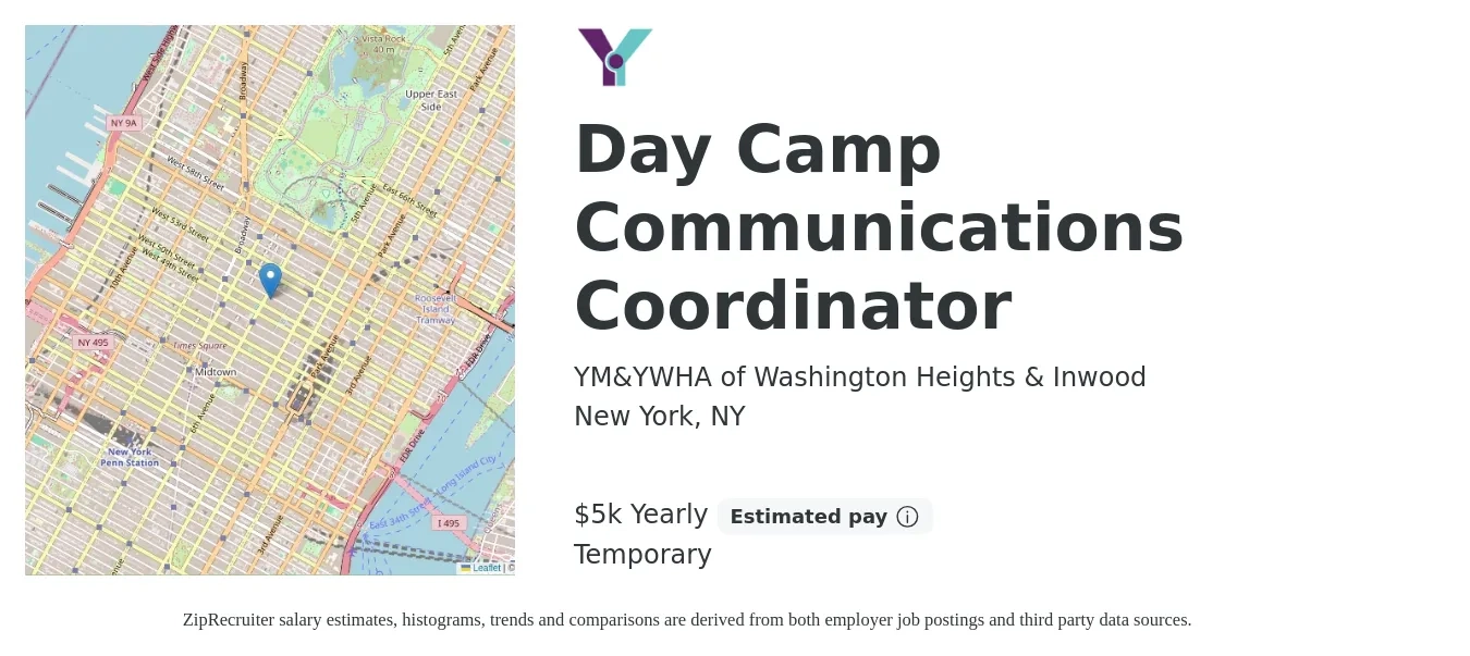 YM & YWHA of Washington Heights & Inwood job posting for a Day Camp Communications Coordinator in New York, NY with a salary of $5,000 to $5,750 Yearly with a map of New York location.
