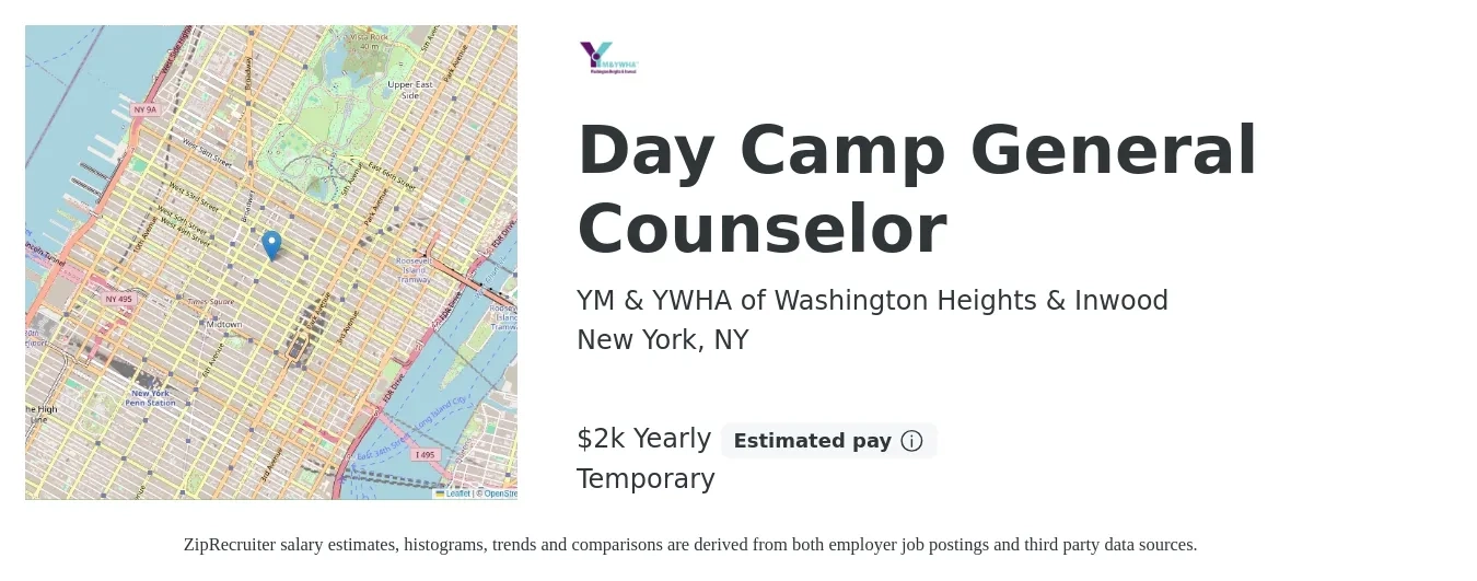 YM & YWHA of Washington Heights & Inwood job posting for a Day Camp General Counselor in New York, NY with a salary of $2,500 to $3,200 Yearly with a map of New York location.