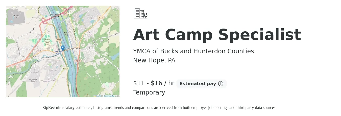 YMCA of Bucks and Hunterdon Counties job posting for a Art Camp Specialist in New Hope, PA with a salary of $12 to $17 Hourly with a map of New Hope location.