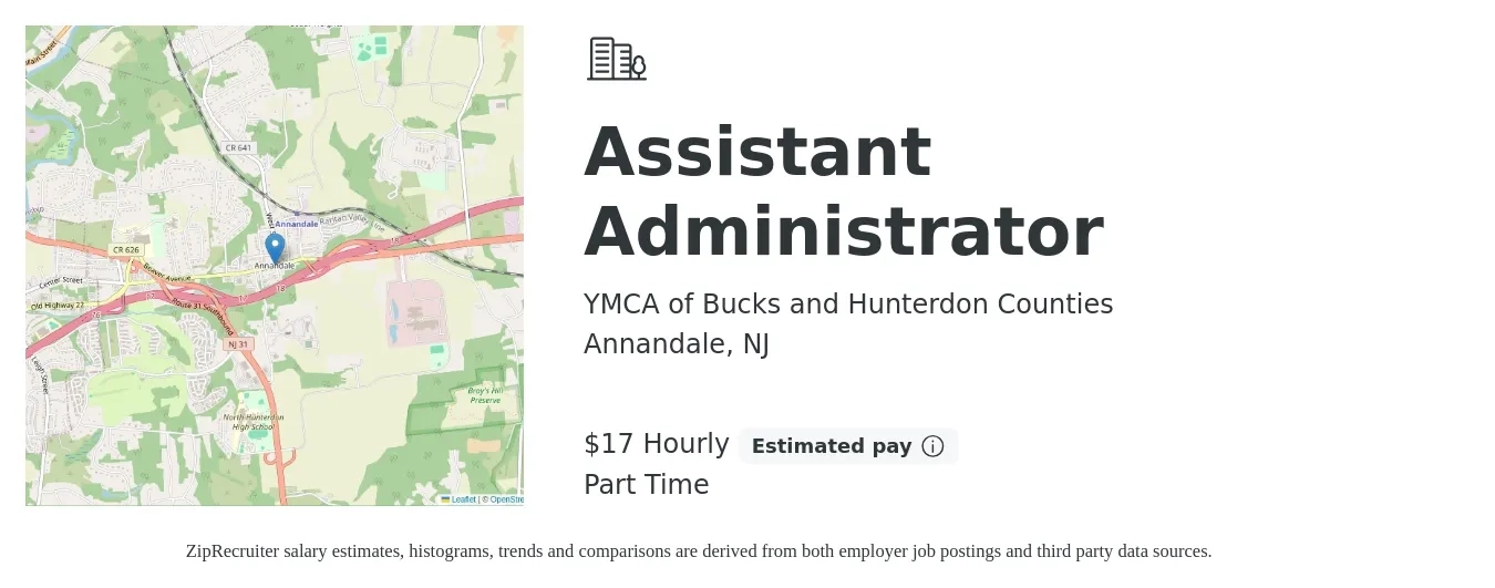 YMCA of Bucks and Hunterdon Counties job posting for a Assistant Administrator in Annandale, NJ with a salary of $18 Yearly with a map of Annandale location.
