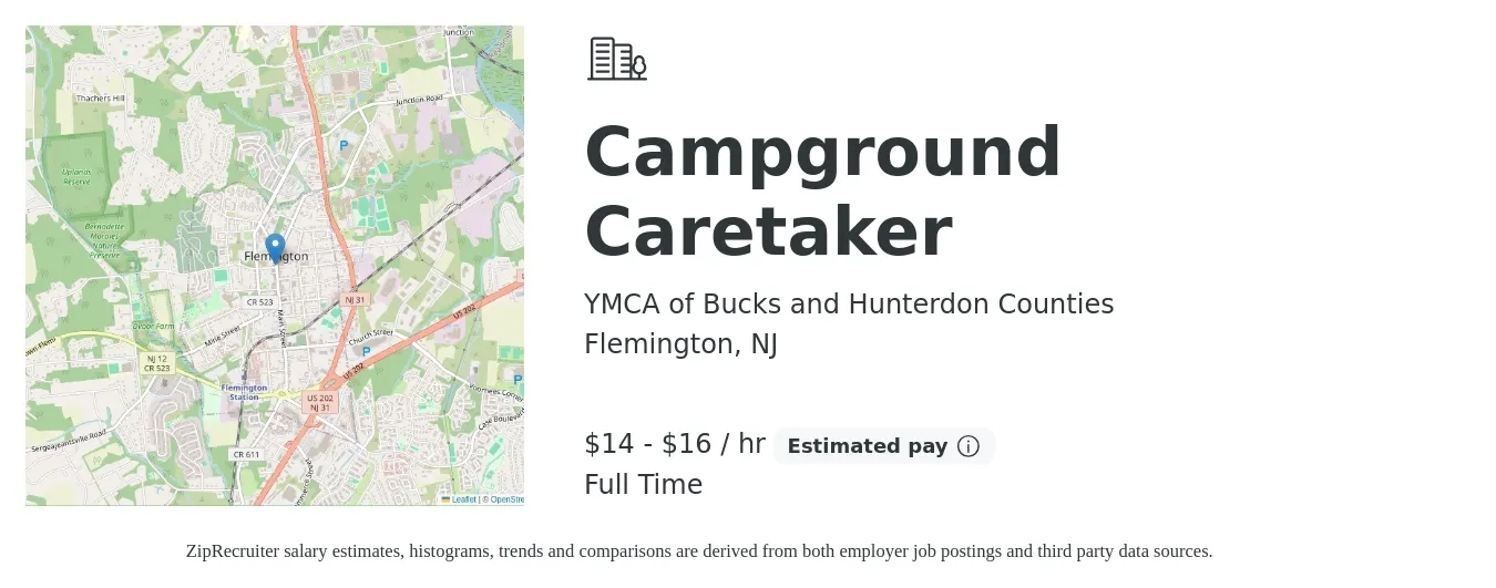 YMCA of Bucks and Hunterdon Counties job posting for a Campground Caretaker in Flemington, NJ with a salary of $15 to $18 Hourly with a map of Flemington location.
