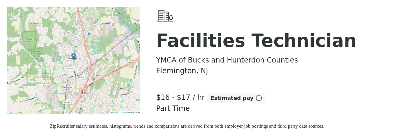 YMCA of Bucks and Hunterdon Counties job posting for a Facilities Technician in Flemington, NJ with a salary of $17 to $18 Hourly with a map of Flemington location.